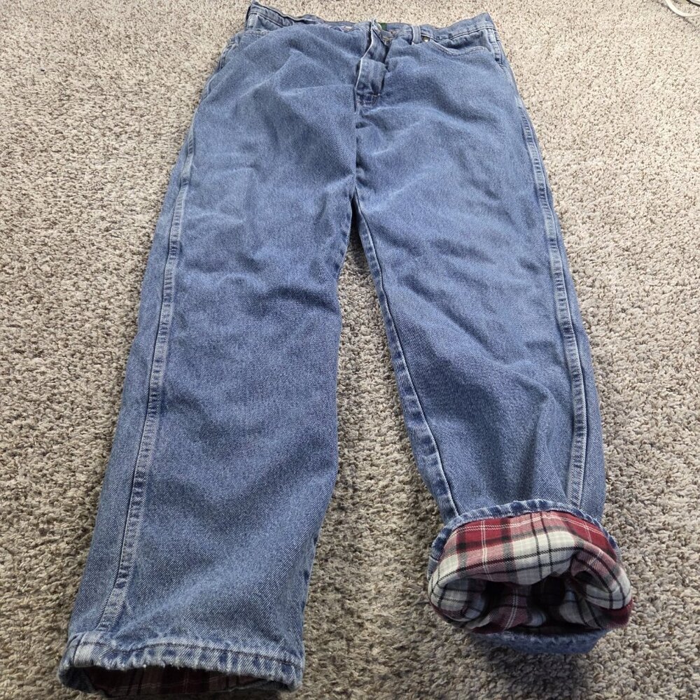 Cabelas Jeans Mens 36x32.5 Tag 36x34 Flannel Lined Straight Dark Wash Denim